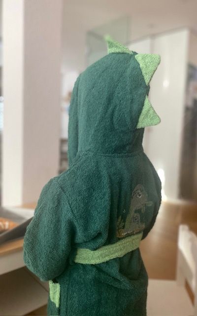 Kleines Kind in einem grünen Dino- Bademantel mit Kapuze und Zacken.