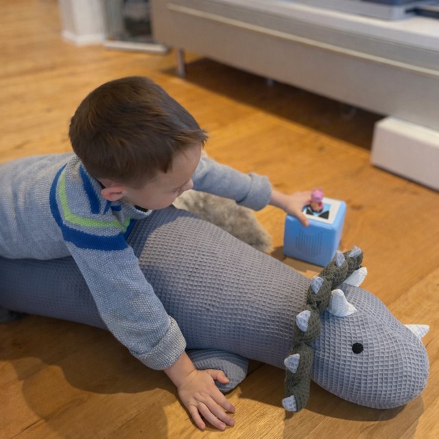 Kind spielt mit grossem grauen Dino-Kuscheltier aus Stoff auf Holzboden im Kinderzimmer.

