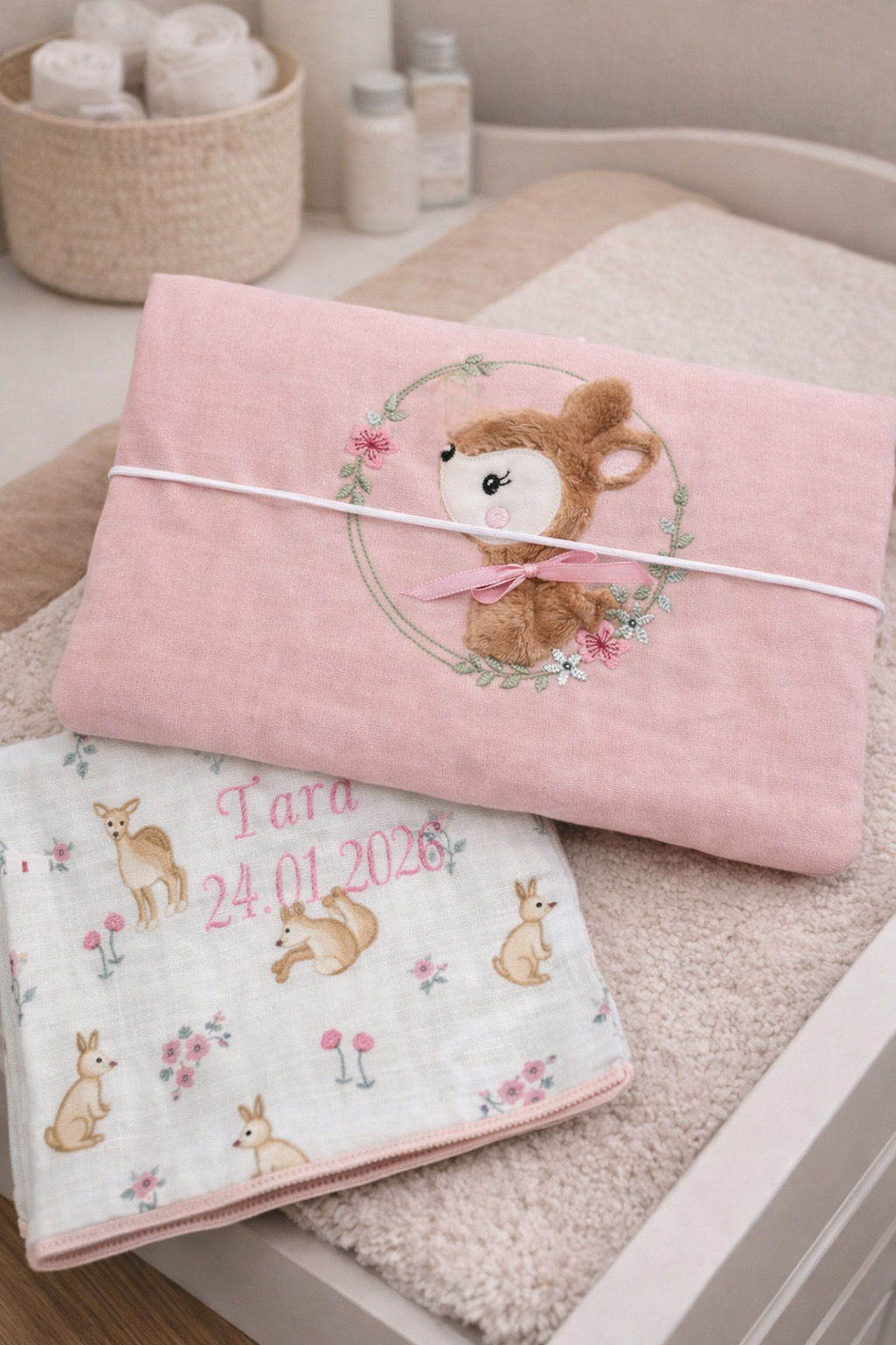 Handgemachte Wickeltasche mit Rehkitz - Motiv und personalisiertem Nuschli mit Namen und Geburtsdatum auf Wickeltisch

