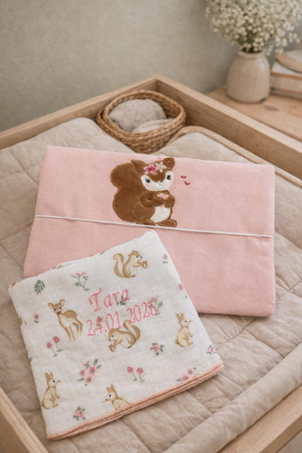 Handgemachte Wickeltasche mit Eichhörnchen-Motiv und personalisiertem Nuschli mit Namen und Geburtsdatum auf Wickeltisch