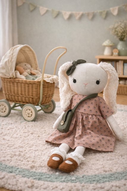 Stoffpuppe im Kinderzimmer - handgemacht Puppe mit Kleid und Tasche in Spielsituation.