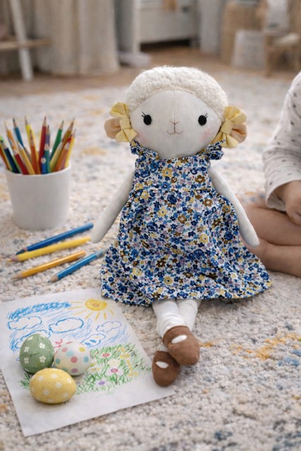 Stoffpuppe in Schafform vor einem gemaltem Bild im Kinderzimmer - handgemacht in Spielsituation 