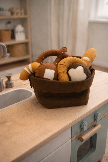 Stoff-Backwaren Set im Korb in einer Kinderküche - handgemachtes Spielzeug für Rollenspiele.
