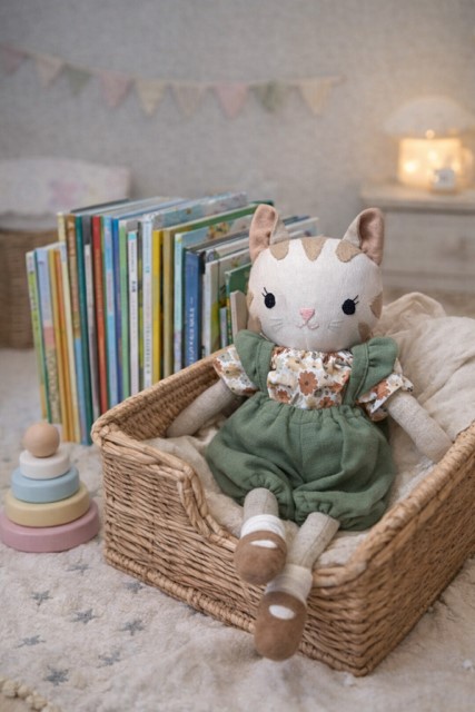 Handgemachte Stoffpuppe in Katzenform im Kinderzimmer mit Büchern.