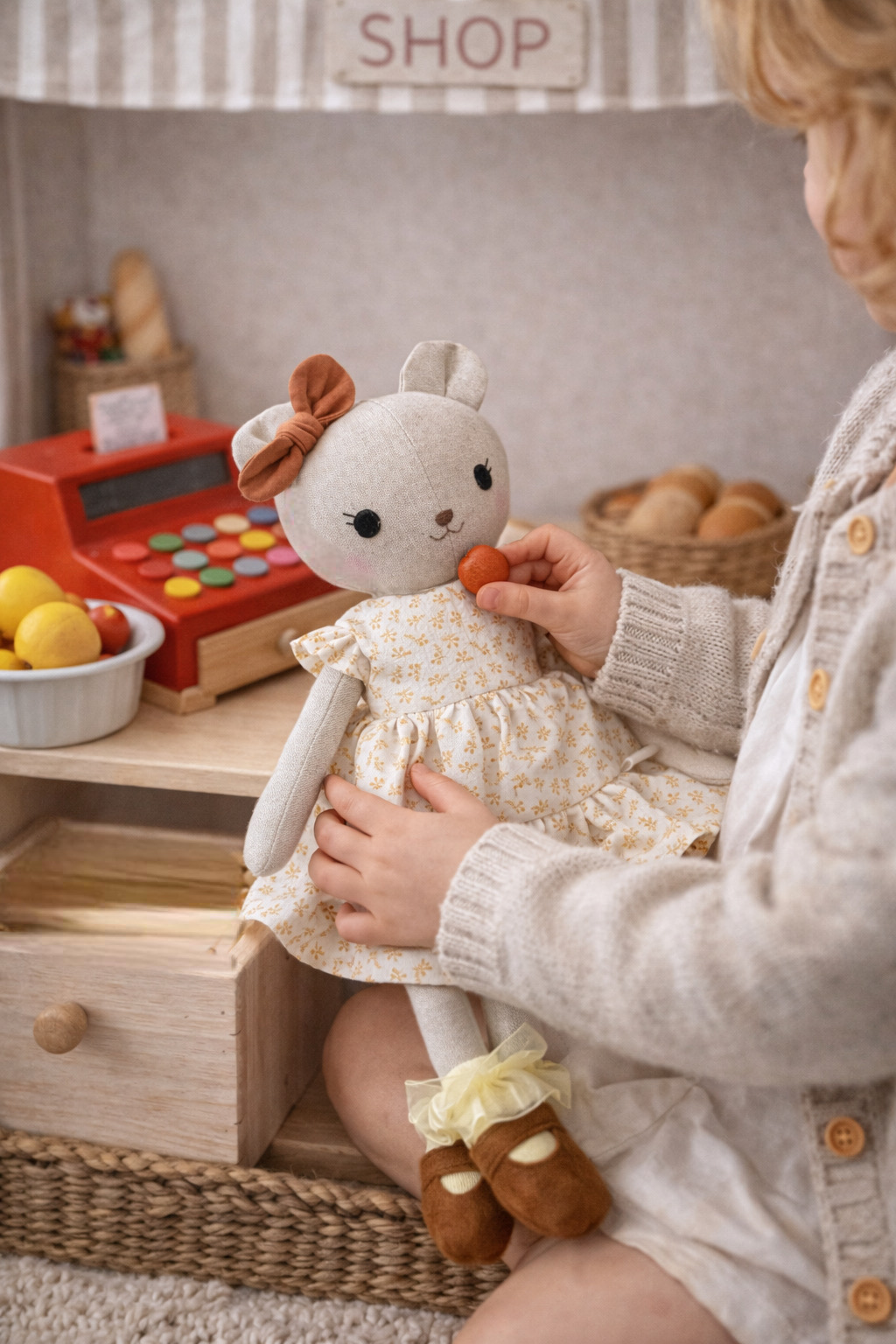 Stoffpuppe in Bärenform in einer Spielsituation im Kaufmannsladen im Kinderzimmer - hingemachtes Spielzeug. 