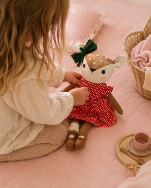 Kind spielt auf einer rosa Decke mit handgemachter Reh-Stoffpuppe im roten gepunkteten Kleid im gemütlicher Spielumgebung.