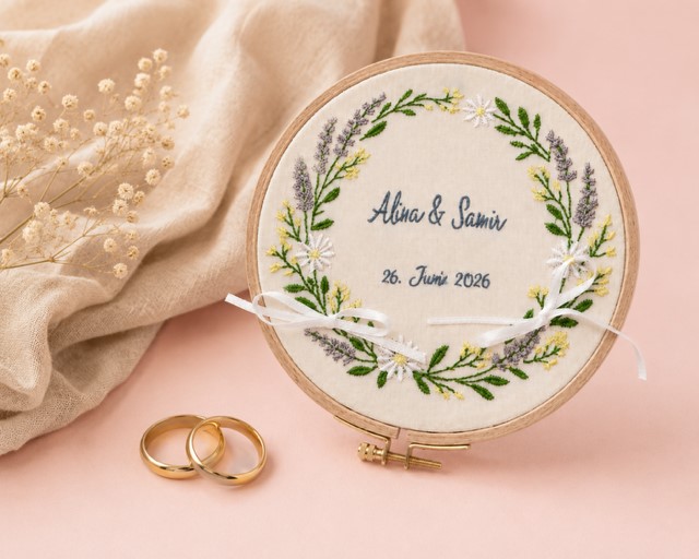 Personalisierter Ringhalter für die Hochzeit aus Leinen im 15 cm Stickrahmen mit floraler Stickerei, Eheringen und individueller Beschriftung,
