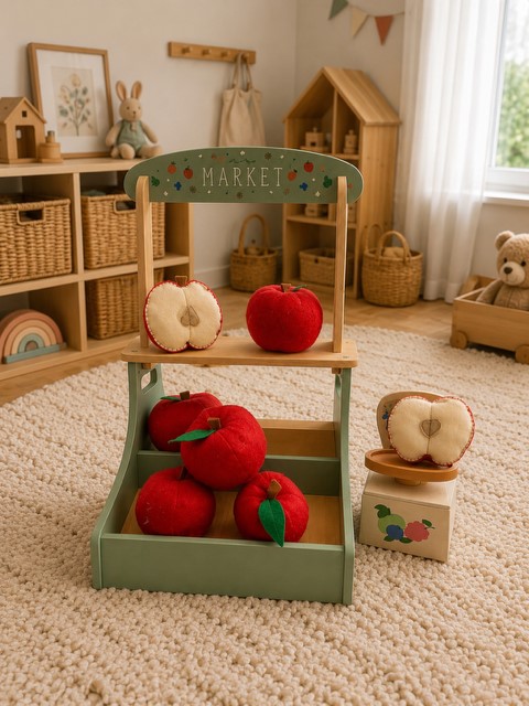 Handgefertigte Filzäpfel in Rot auf einem Marktstand aus Holz, im Kinderzimmer, ideal für Kaufladen.