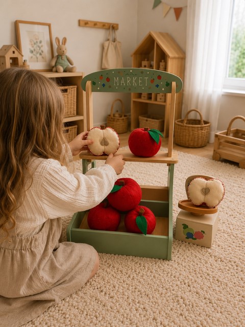 Kind spielt mit handgefertigten Filzäpfel am Marktstand und gestaltet fantasievoll Kaufladen- Momente im Kinderzimmer.