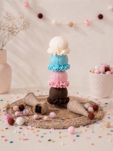 Gestapeltes Filz-Eiskugeln mit Klettverschluss - handgemachtes Montessori Spielzeug für kreatives Spielen.