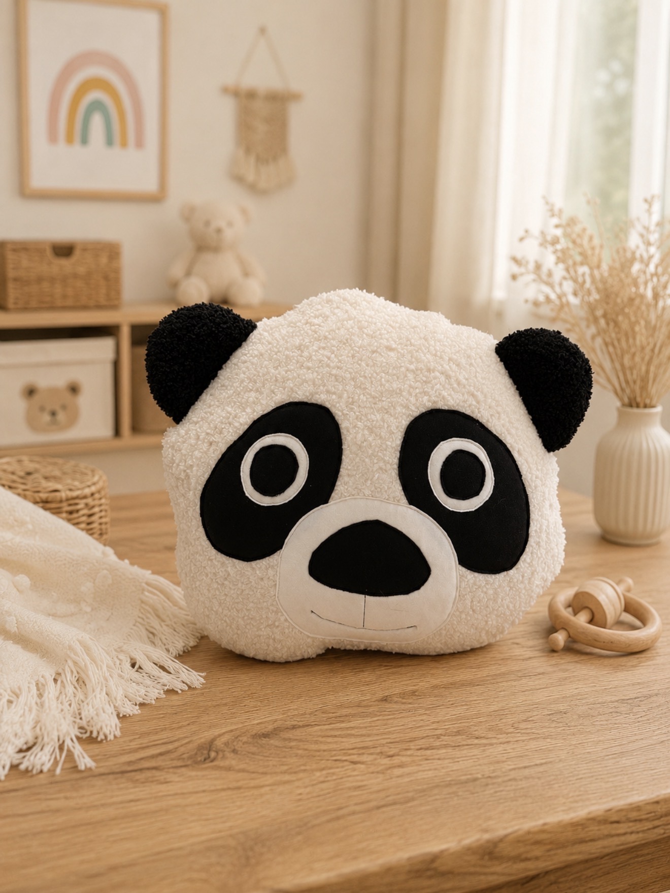 Handgefertigtes Erinnerungs - Pandakissen mit weichem Teddyplüsch in Schwarz und Weiss.