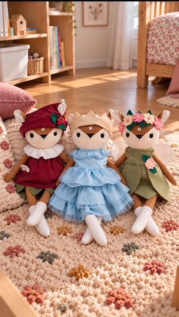 Drei handgemachte Leinenpuppen mit Märchenkleider als Wichtel, Prinzessin und Fee im gemütlichem Kinderzimmer auf dem Teppich

