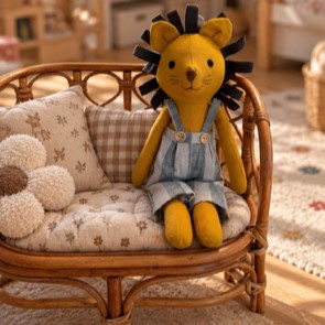 Liebevoll genähter Stofflöwe aus Leinen mit besonderen Schlaufenmähne, sitzend auf einer gemütlichen Rattanbank im Kinderzimmer 